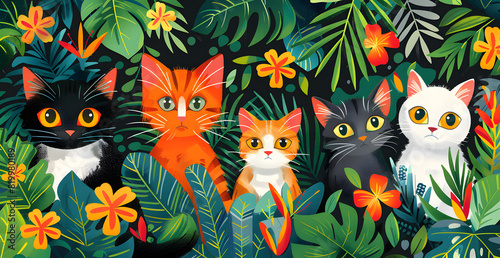 A group of Felidae, small to mediumsized cats, with orange fur and whiskers are sitting in a jungle surrounded by leaves and flowers, basking in the light photo
