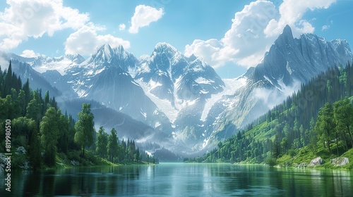 A digital painting of a mountain landscape. There is a large snow-capped mountain in the distance with smaller mountains in the foreground. photo