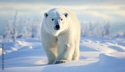 Polar bears walks in extreme winter weather  standing above snow with a view of the frost mountains