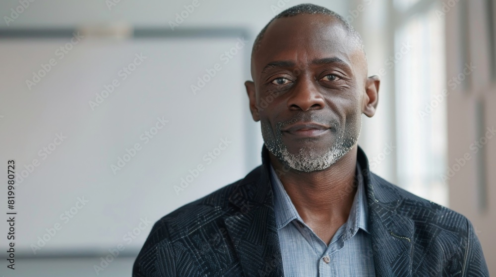 A man with a beard and mustache wearing a blue shirt and a patterned jacket standing in front of a whiteboard with a thoughtful expression. A man with a beard and mustache wearing a blue shirt and a patterned jacket standing in front of a whiteboard with a thoughtful expression.