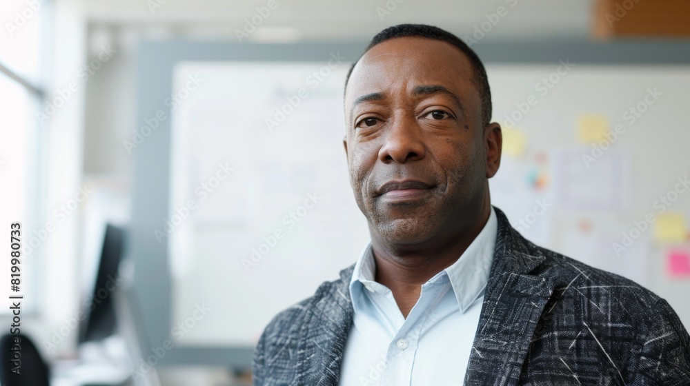 A man in a professional setting standing in front of a whiteboard with notes and a window in the background.