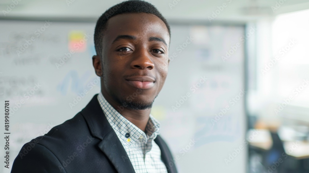 Young man with short hair wearing a dark suit and a patterned shirt standing in a room with a whiteboard and a window in the background smiling slightly. Young man with short hair wearing a dark suit and a patterned shirt standing in a room with a whiteboard and a window in the background smiling slightly.