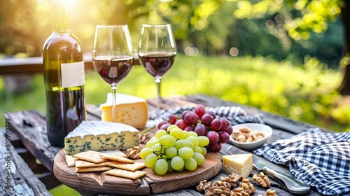 Outdoor wine tasting with cheese and fruits on a sunny day