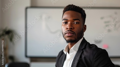 A man with a beard and short hair wearing a black blazer and a white shirt standing in front of a whiteboard with writing on it in an office environment.