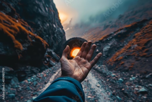 A human hand holding a tunnel in a mountainous terrain, evoking a sense of passage with a blurred backdrop photo