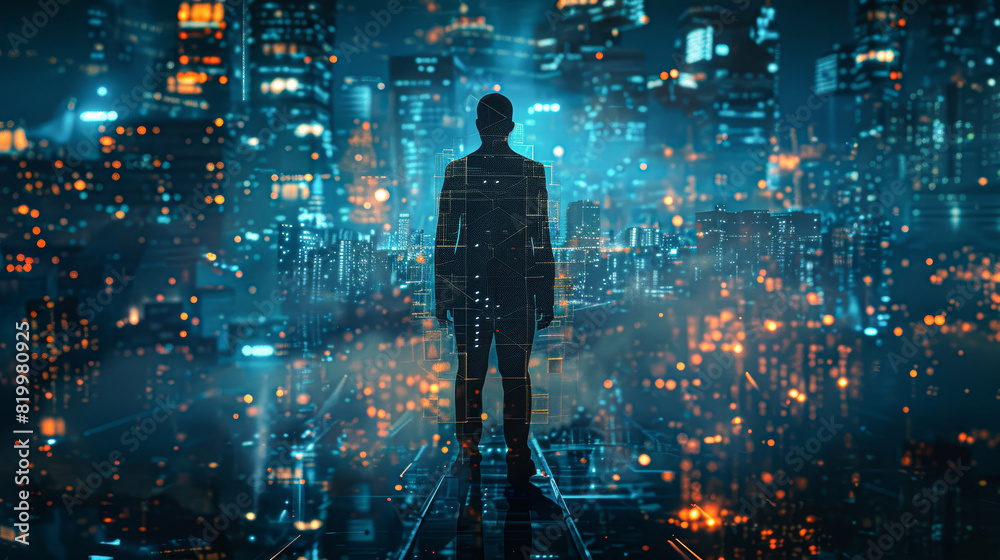 a corporate figure is interlaced with a city's infrastructure, highlighting themes of innovation and the pulse of city life in the world of business. a corporate figure is interlaced with a city's infrastructure, highlighting themes of innovation and the pulse of city life in the world of business.