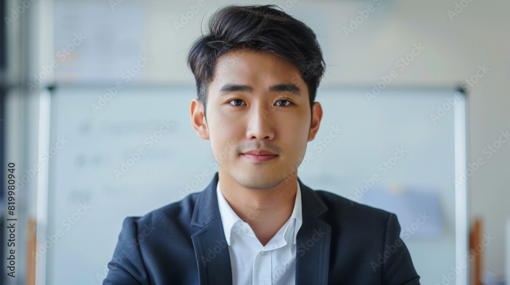 Young Asian man in business attire smiling with a whiteboard in the background.