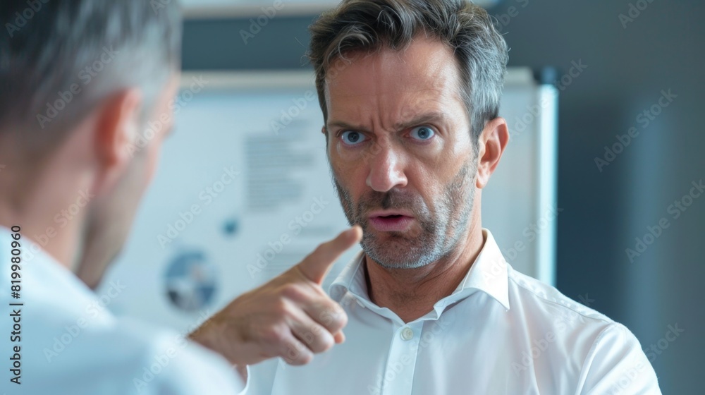Man in white shirt pointing with a stern expression engaged in a serious conversation. Man in white shirt pointing with a stern expression engaged in a serious conversation.