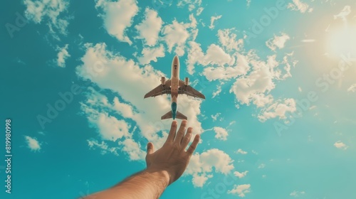 A human hand holding an airplane in a clear blue sky with clouds, evoking a sense of travel with a blurred backdrop