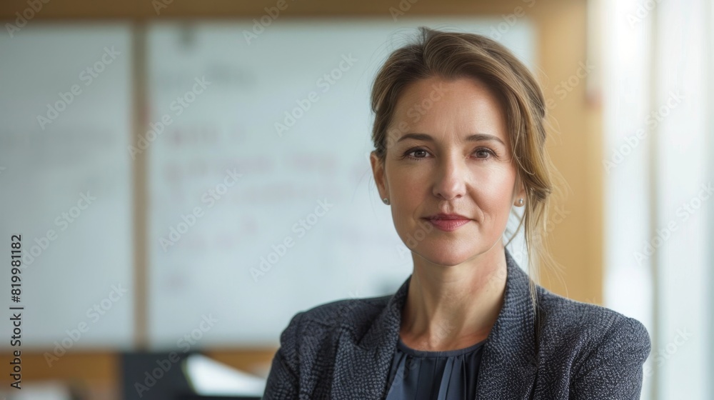 A professional woman with a warm smile wearing a dark blazer standing in front of a whiteboard with writing on it.