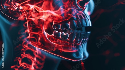 illustration of pain in the jaw, focusing on the teeth and mouth area in the style of an x ray with glowing effects dark background photo