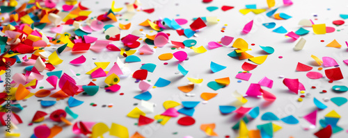 Multi-color confetti scattered on white.