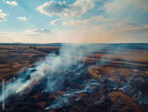 A large field of fire with smoke in the sky. The sky is blue with clouds