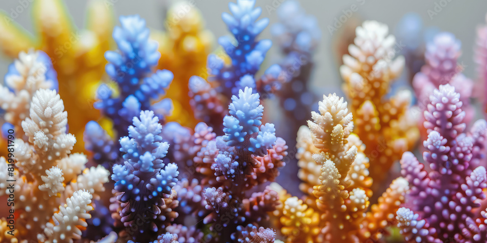 Multicolored coral. Unusual different corals on colored flat background with copy space. Banner template.