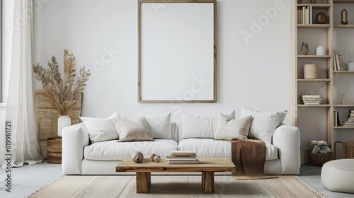 A modern living room with a white sofa