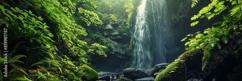 Dense green foliage surrounds a serene waterfall in a tropical jungle.