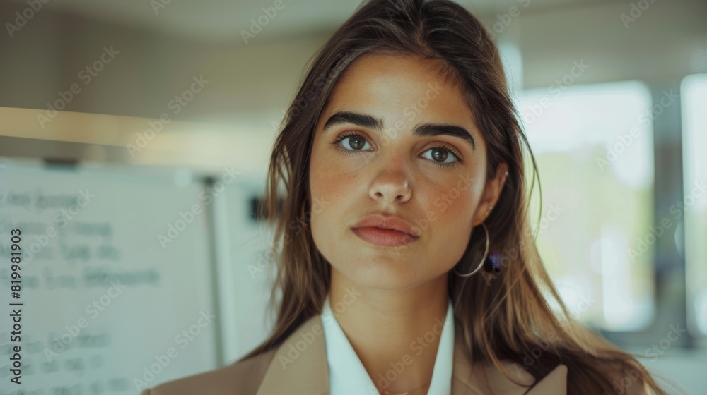 Fototapeta premium Young woman with a poised expression wearing a light-colored blazer looking slightly to her right with her hair styled in loose waves set against a blurred background 