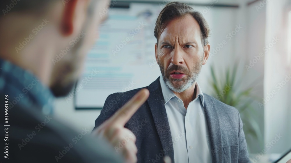 A man with a beard and gray hair wearing a suit engaged in a serious conversation with another man who is gesturing with his finger.