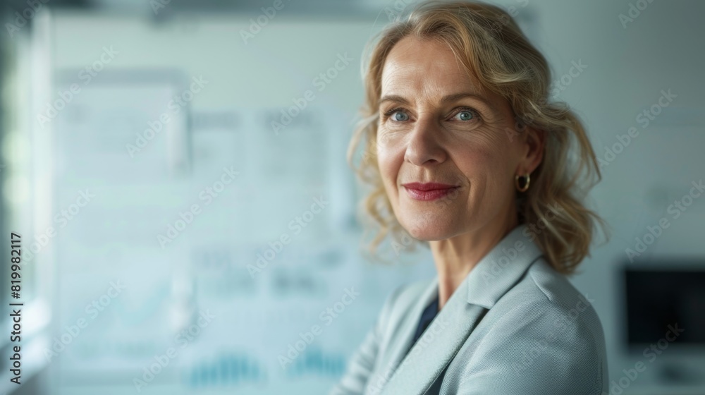 A professional woman with blonde hair wearing a light blue blazer smiling and looking to the side in an office setting with a whiteboard and a window in the background. A professional woman with blonde hair wearing a light blue blazer smiling and looking to the side in an office setting with a whiteboard and a window in the background.