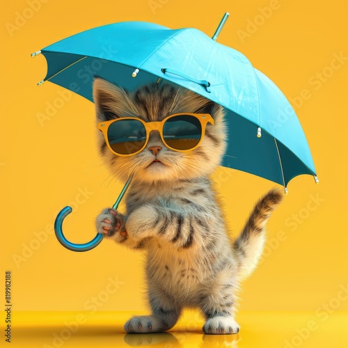 3d funny cartoon kitten close-up, isolated on a yellow background, wearing sunglasses and under an umbrella. Print for T-shirts, clothes. Resource, template for printing on fabric, paper for advertisi photo