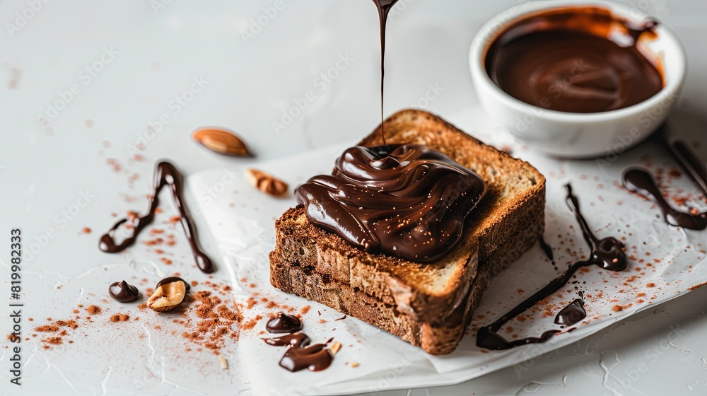 Chocolate hazelnut spread on toast with dripping sauce and nuts Chocolate hazelnut spread on toast with dripping sauce and nuts