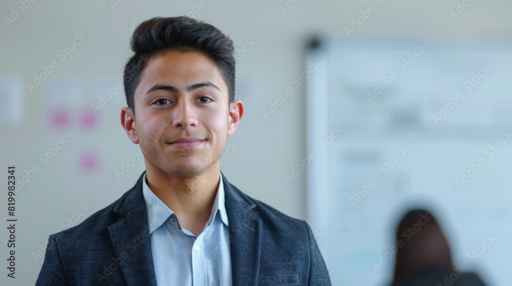 Young man with short dark hair smiling wearing a light blue shirt and a dark blazer standing in front of a whiteboard with writing on it. Young man with short dark hair smiling wearing a light blue shirt and a dark blazer standing in front of a whiteboard with writing on it.