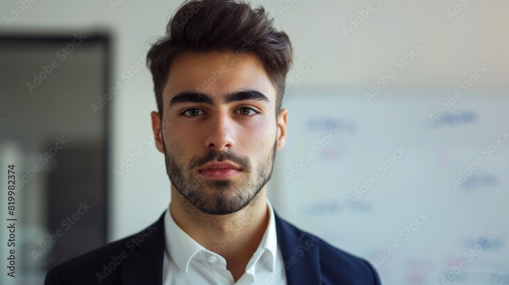 Young man with short dark hair neatly trimmed beard and mustache wearing a dark suit with a white shirt standing in front of a whiteboard with writing. Young man with short dark hair neatly trimmed beard and mustache wearing a dark suit with a white shirt standing in front of a whiteboard with writing.
