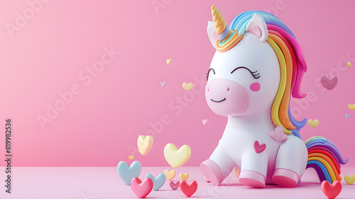 Cute cartoon style rainbow unicorn with hearts, pink background, 3D design, vibrant colors, high resolution, for social media profile picture