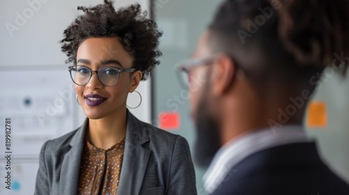 A woman with curly hair wearing a jacket and a shirt engaged in a conversation with a man in a suit.