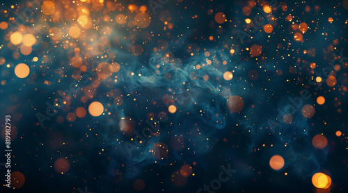 A dark blue background with orange bokeh lights  creating an abstract and atmospheric wallpaper with glowing particles. The composition is dynamic  with the bright light of stars shining through the d