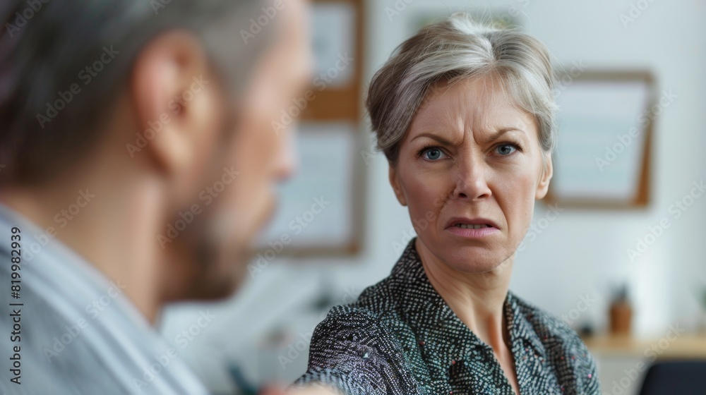 Woman with short gray hair frowning looking at man with beard in office setting with bulletin board in background. Woman with short gray hair frowning looking at man with beard in office setting with bulletin board in background.