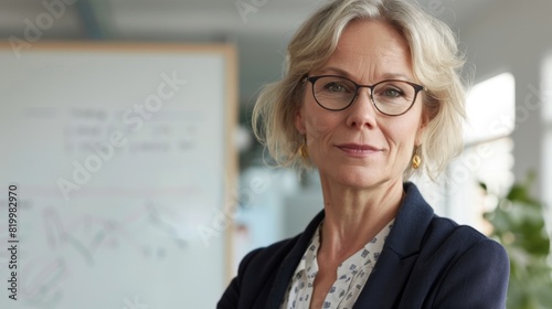 A professional woman with blonde hair wearing glasses and a blue blazer standing in an office with a whiteboard in the background.