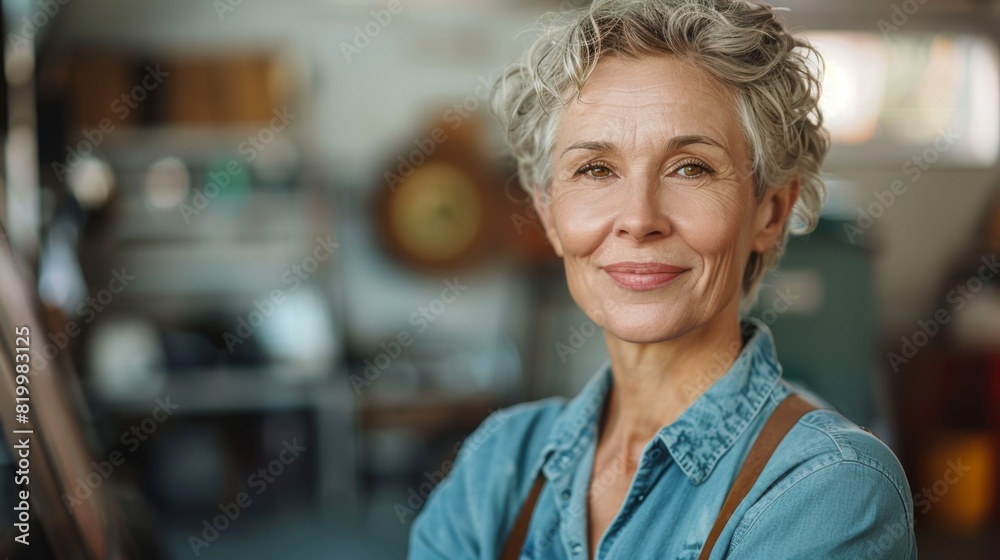 A smiling mature woman with short gray hair wearing a blue denim shirt and suspenders standing in a blurred workshop setting. A smiling mature woman with short gray hair wearing a blue denim shirt and suspenders standing in a blurred workshop setting.