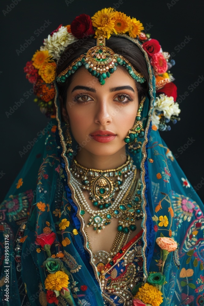 Stunning South Asian Bride in Traditional Embellished Attire with Floral Headdress