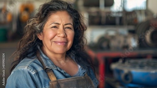 A smiling woman with curly hair wearing a denim apron standing in a workshop with industrial equipment in the background.