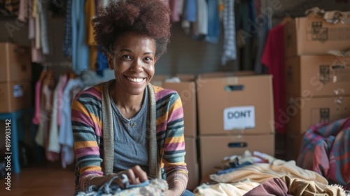 Woman Smiling Among Moving Boxes photo