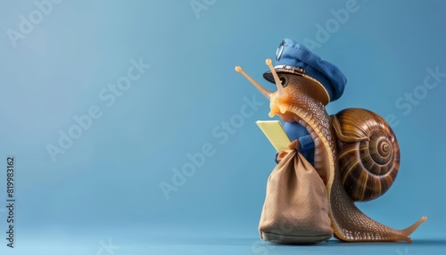 A snail in a mail carriers uniform, holding a bag of letters against a solid blue background with copy space