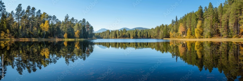 Panoramic view of a lake reflecting the surrounding forest and mountains.
