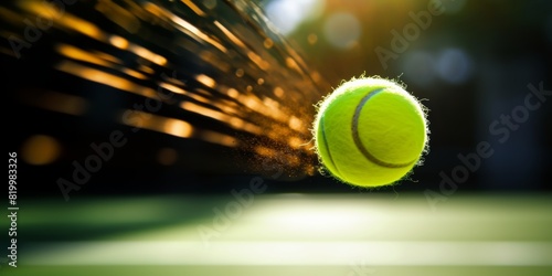 Tennis ball in motion impacting tennis racket during a match on a court. Banner championship tennis. Summer Olympic Games