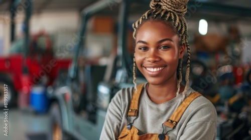 Young woman with braided hair wearing overalls smiling confidently in a workshop setting with blurred vehicles and equipment in the background. photo