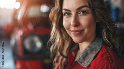 Smiling woman with long hair wearing red jacket standing in front of blurred red vehicle. photo