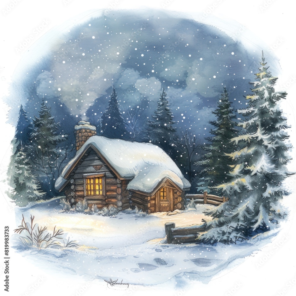 Fototapeta premium Enchanting Winter Cabin Night Scene with Glistening Snowfall