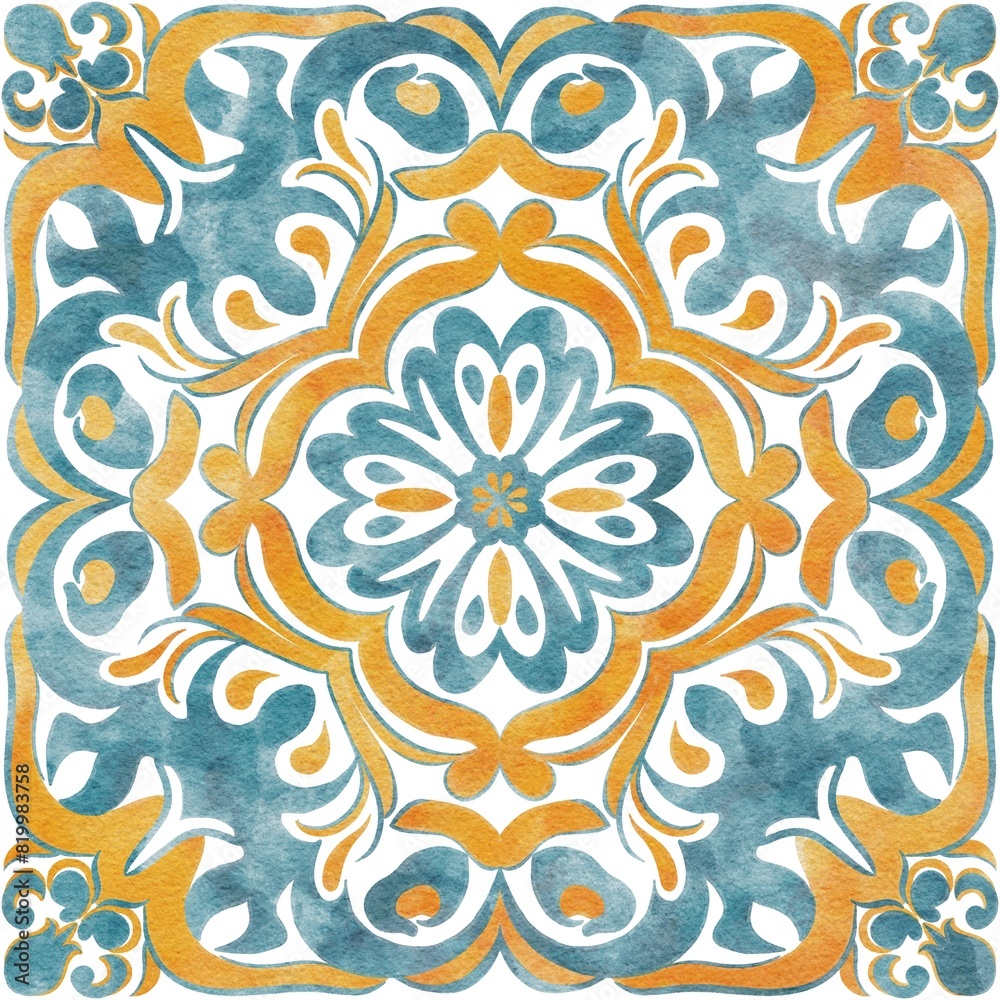 custom made wallpaper toronto digitalHand painted watercolor blue faience floral arabesques azulejo tile allover seamless pattern