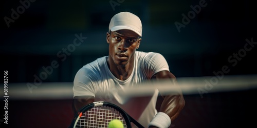 Black tennis player on the court holding a tennis racket. Banner championship tennis. Summer Olympic Games photo