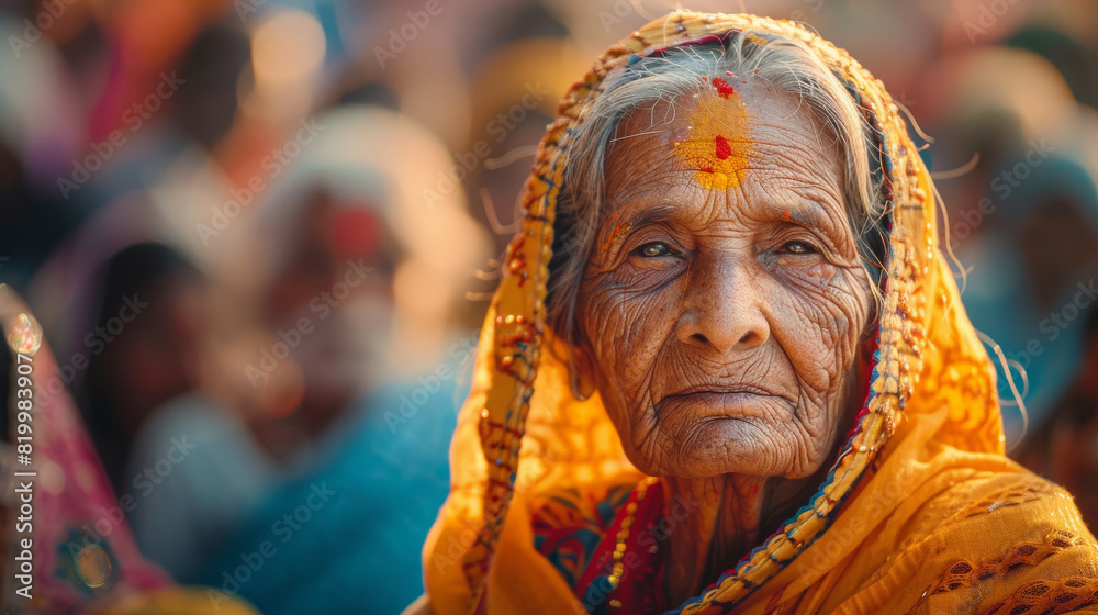 a photo of indian old woman on a chair in holy festival contrast colors 