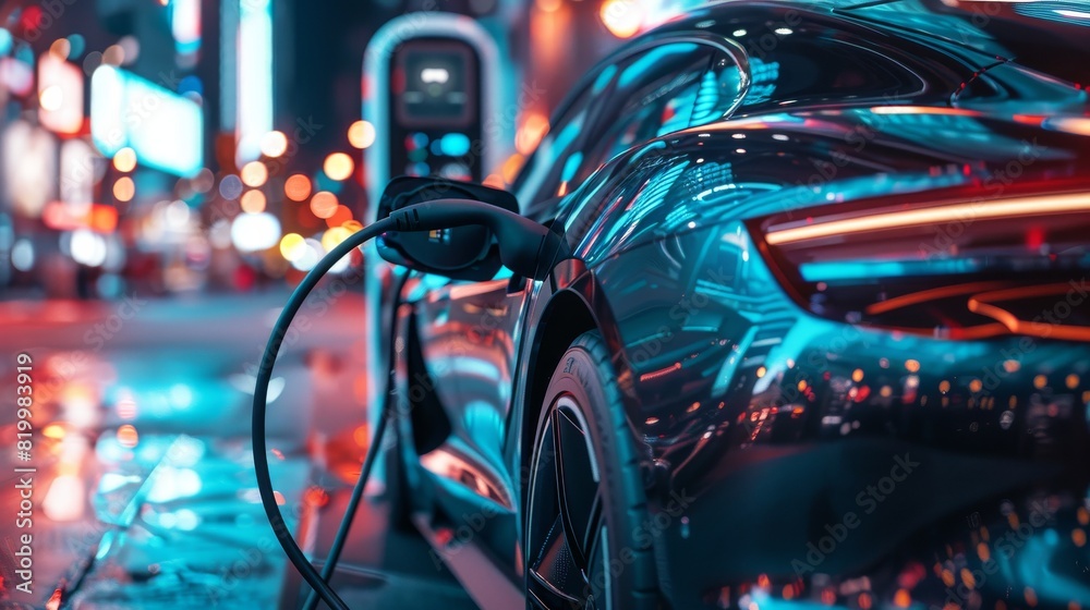 Electric Car Charging at Night in Urban Setting with Neon Lights Electric Car Charging at Night in Urban Setting with Neon Lights