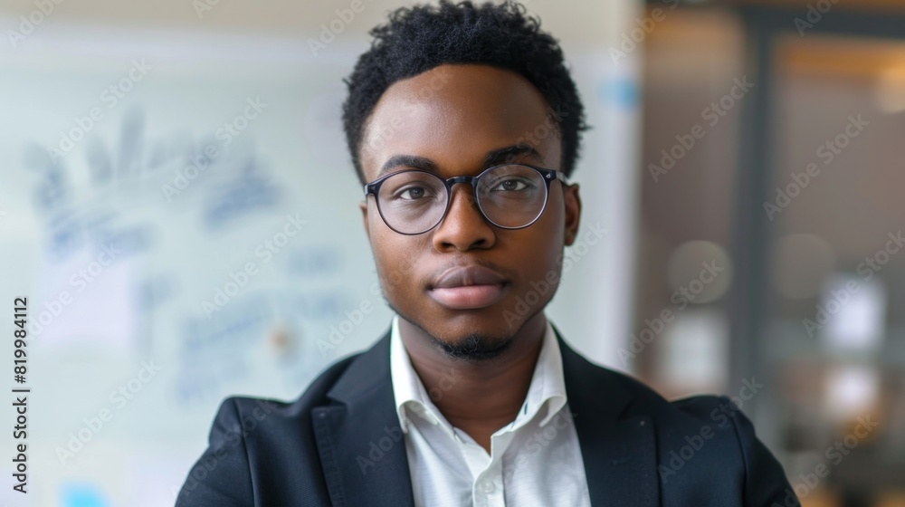 Young man with glasses and beard wearing a suit standing in front of a whiteboard with writing. Young man with glasses and beard wearing a suit standing in front of a whiteboard with writing.
