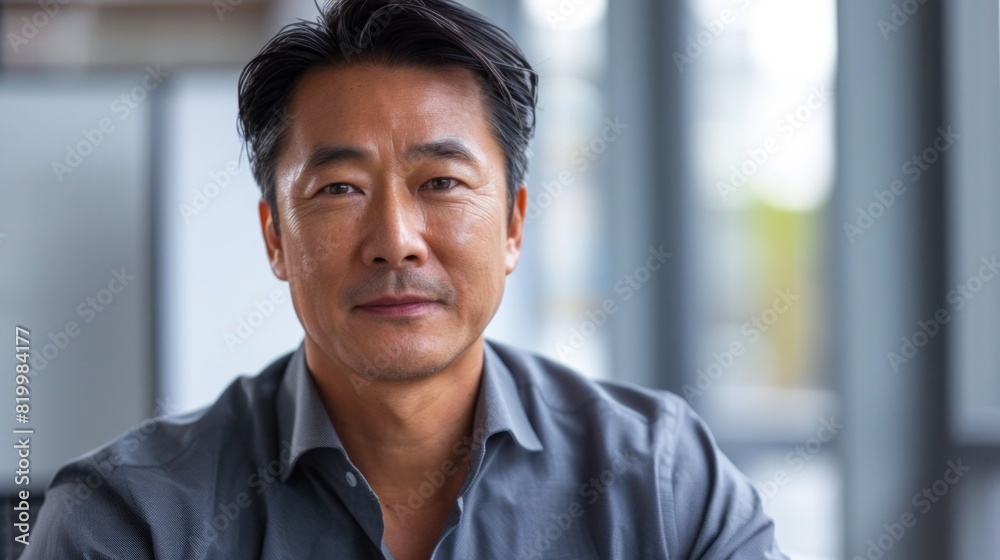 A man with a serious expression wearing a dark gray shirt sitting in a modern office with large windows. A man with a serious expression wearing a dark gray shirt sitting in a modern office with large windows.