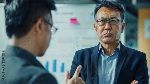 A man in a suit and glasses frowning engaged in a serious conversation with another man who is gesturing with his hand.