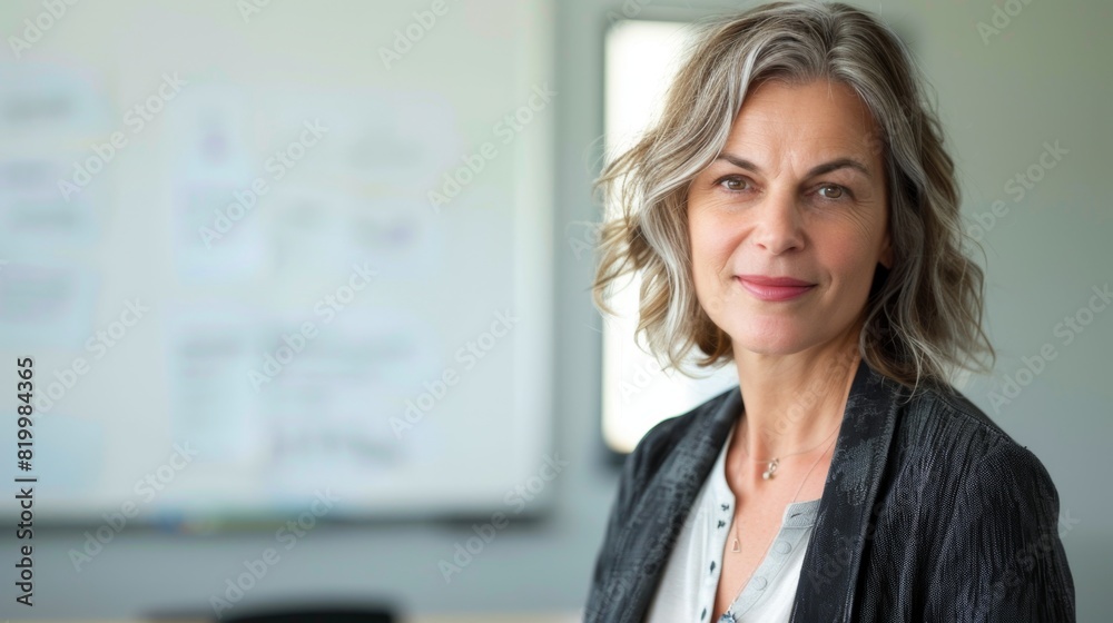A professional woman with short gray hair wearing a dark blazer standing in front of a whiteboard with notes smiling at the camera. A professional woman with short gray hair wearing a dark blazer standing in front of a whiteboard with notes smiling at the camera.